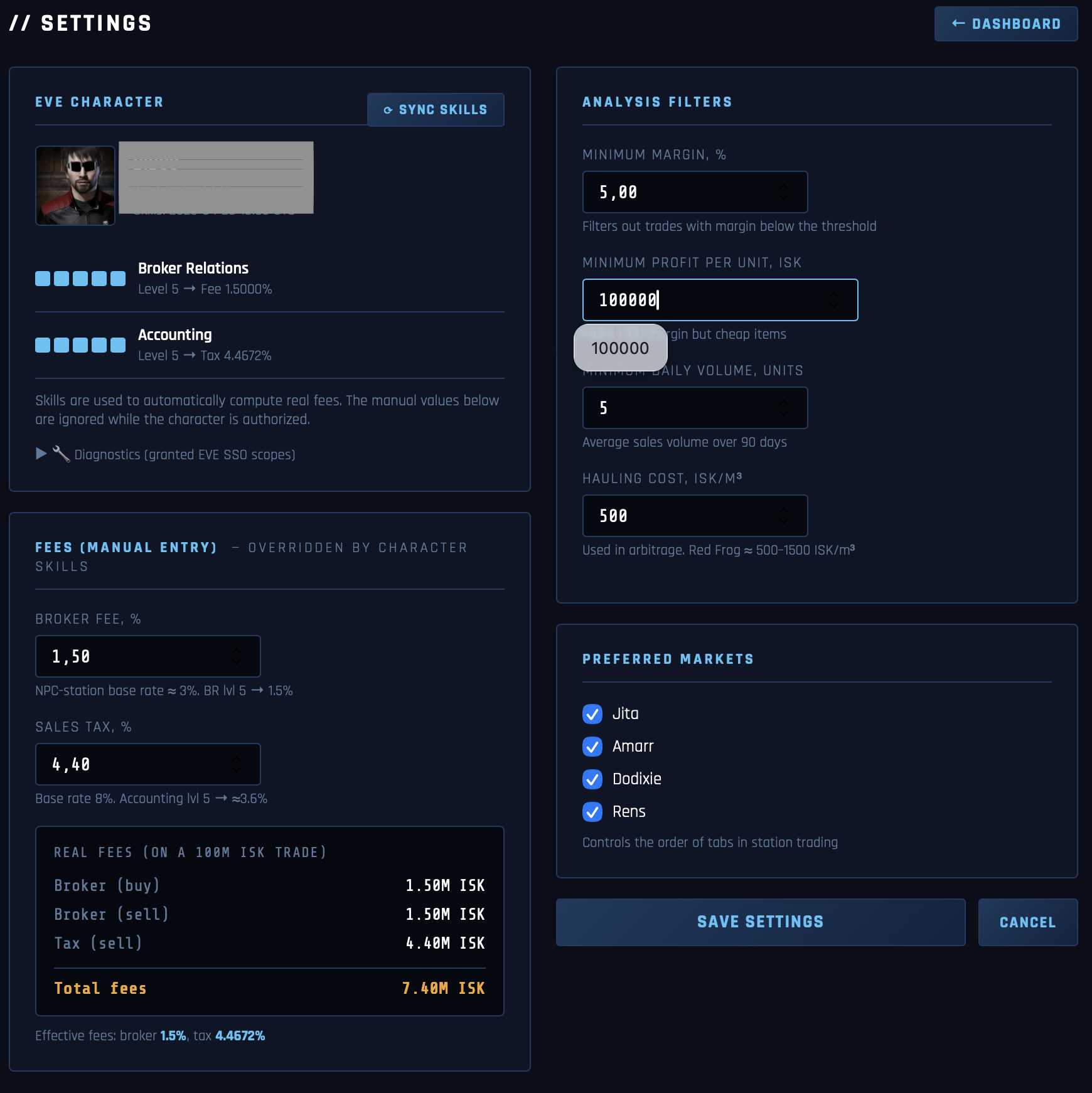 EVE Online trading filters — minimum margin, daily volume, hauling cost, real broker fees from character skills